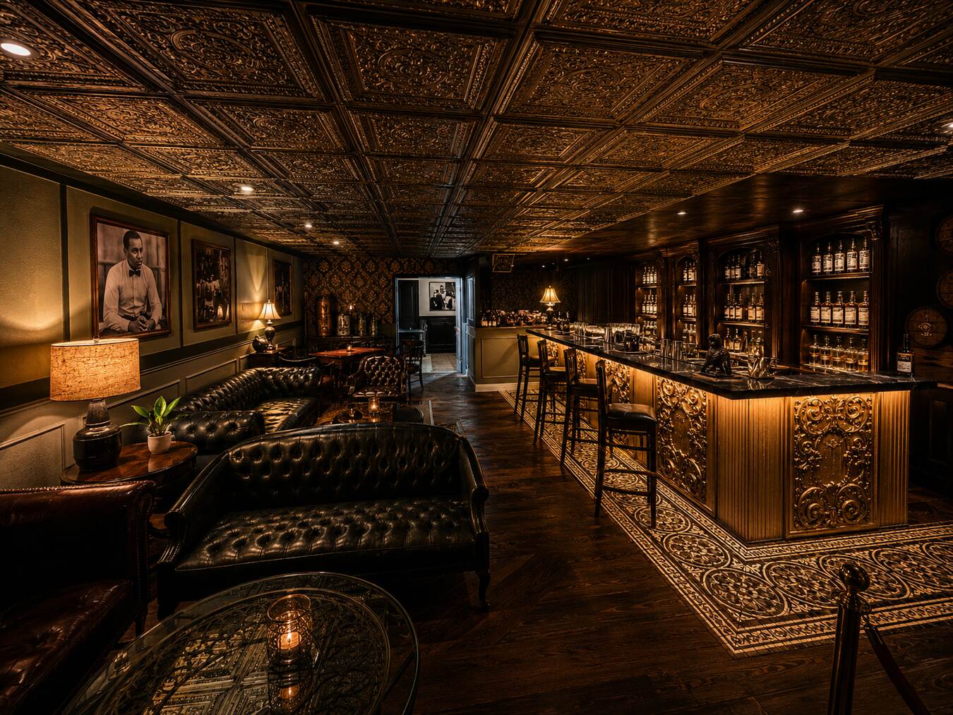 Leather chesterfields and the glowing gilded bar in the Little River speakeasy