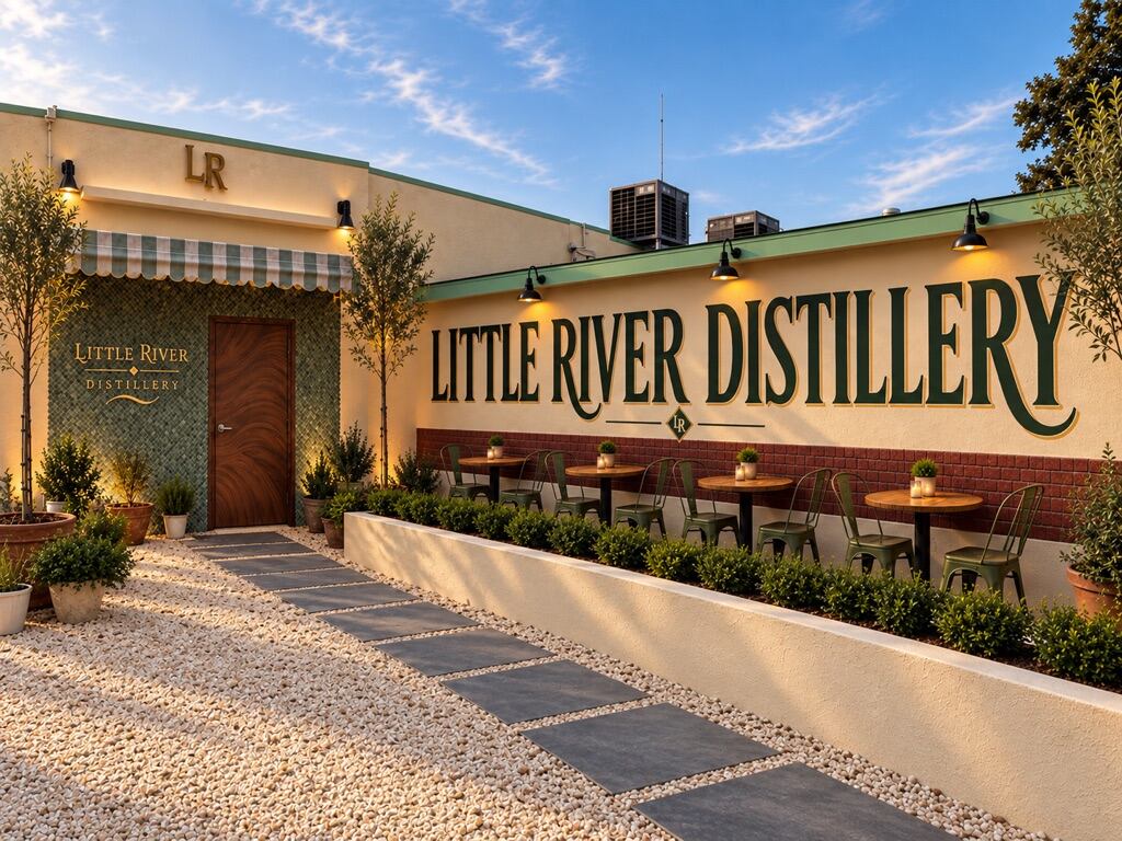 Little River Distillery's exterior courtyard and painted brand wall on arrival