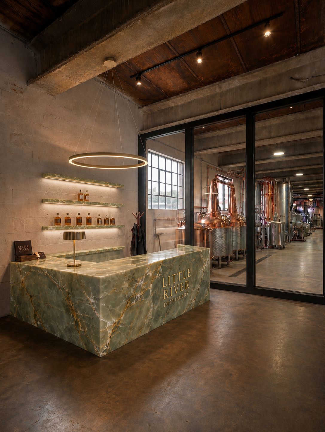 The distillery reception with copper pot stills behind glass